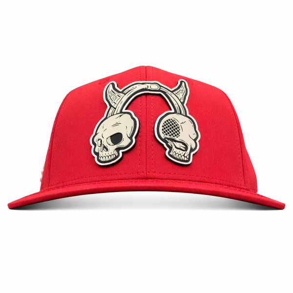 Red Cap with Embroidered Skull and Headphones – Adjustable, Unique